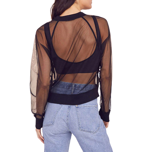 Stylish women's transparent mesh zip jacket with long sleeves, perfect for casual wear and adding flair to any outfit.