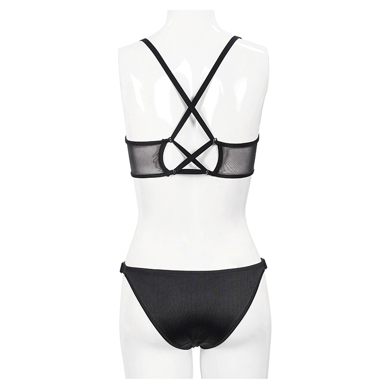 Back view of a sexy black two-piece swimsuit with adjustable crossed back straps, showcasing gothic style.