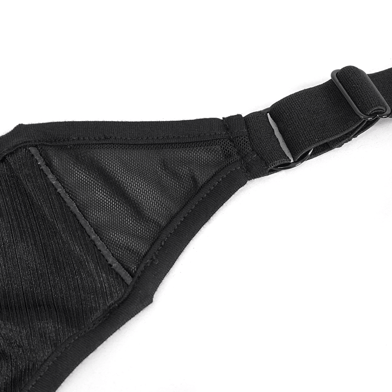 Close-up of the adjustable crossed back straps on a women's black two-piece swimsuit, highlighting its fashionable design.