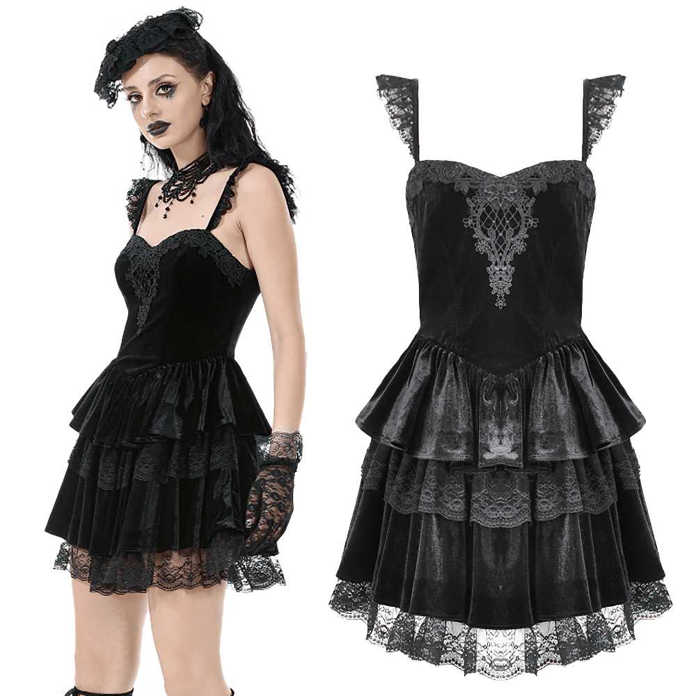 Gothic black velvet mini dress with lace trim, corset front, and tiered ruffles for an elegant Victorian look.