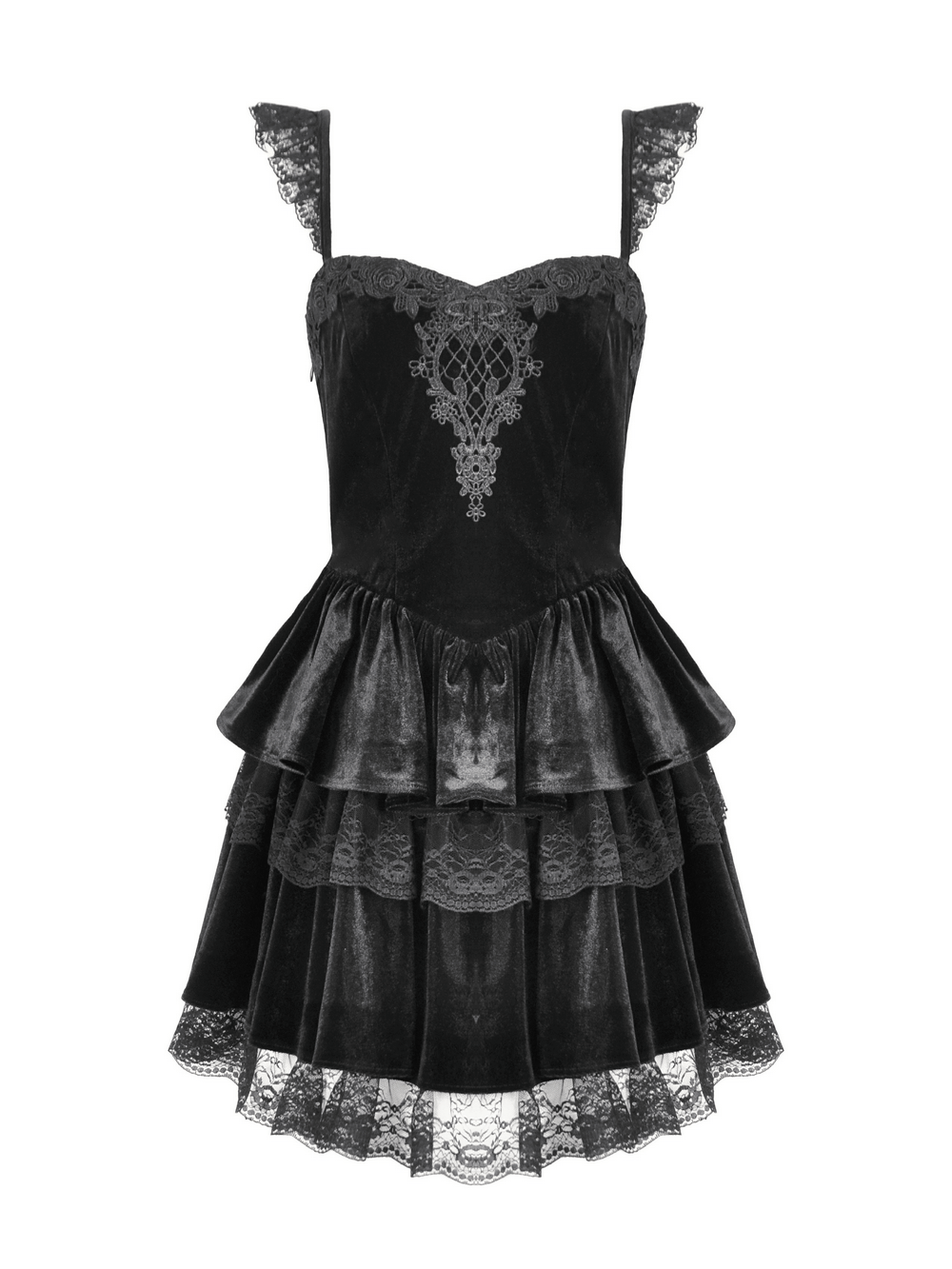 Gothic black velvet mini dress with lace trim, ruffles, and corset detailing for a Victorian-inspired look.