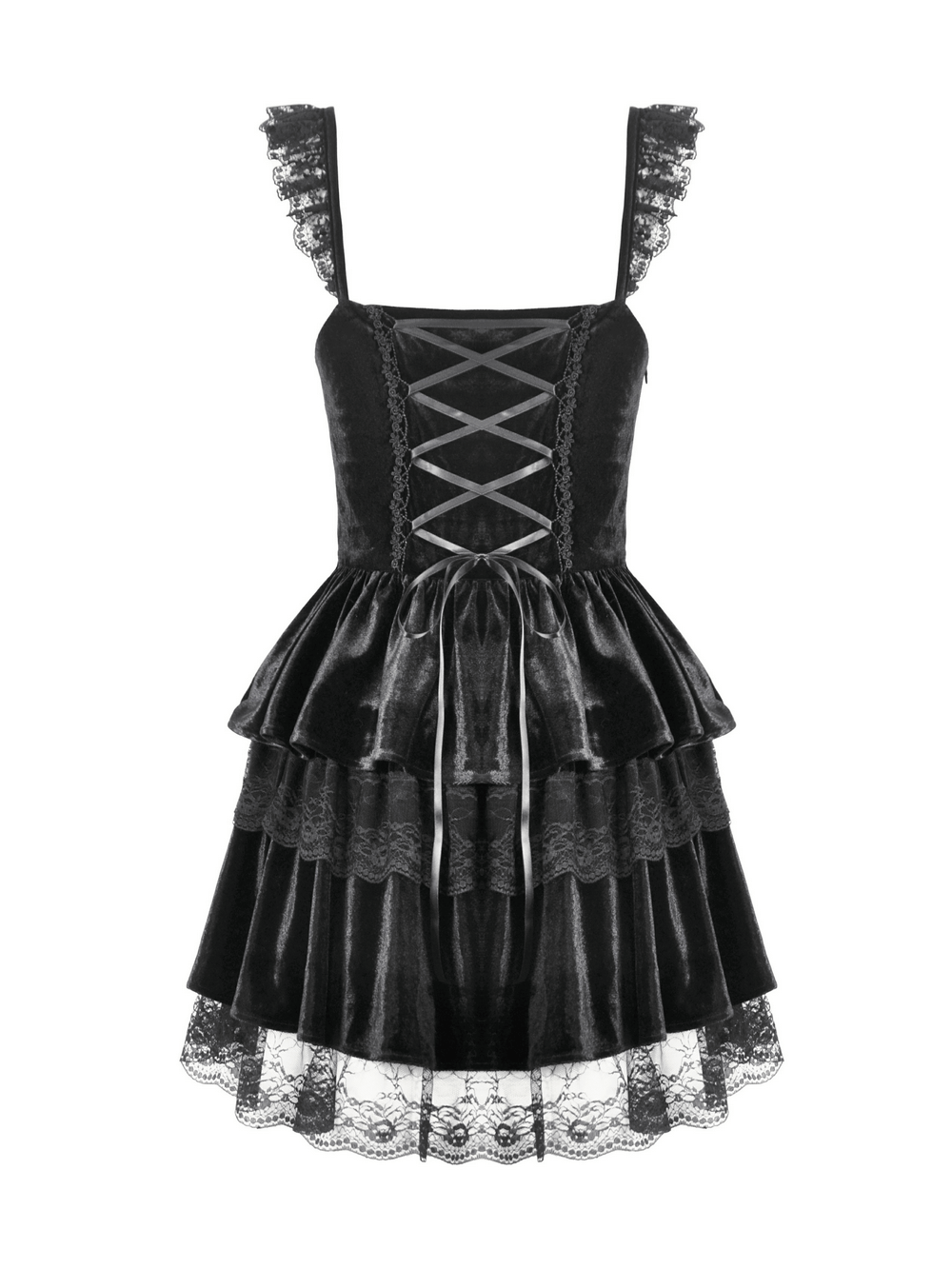 Gothic black velvet tiered mini dress with lace trim, corset front, and ruffled straps for a dramatic look.