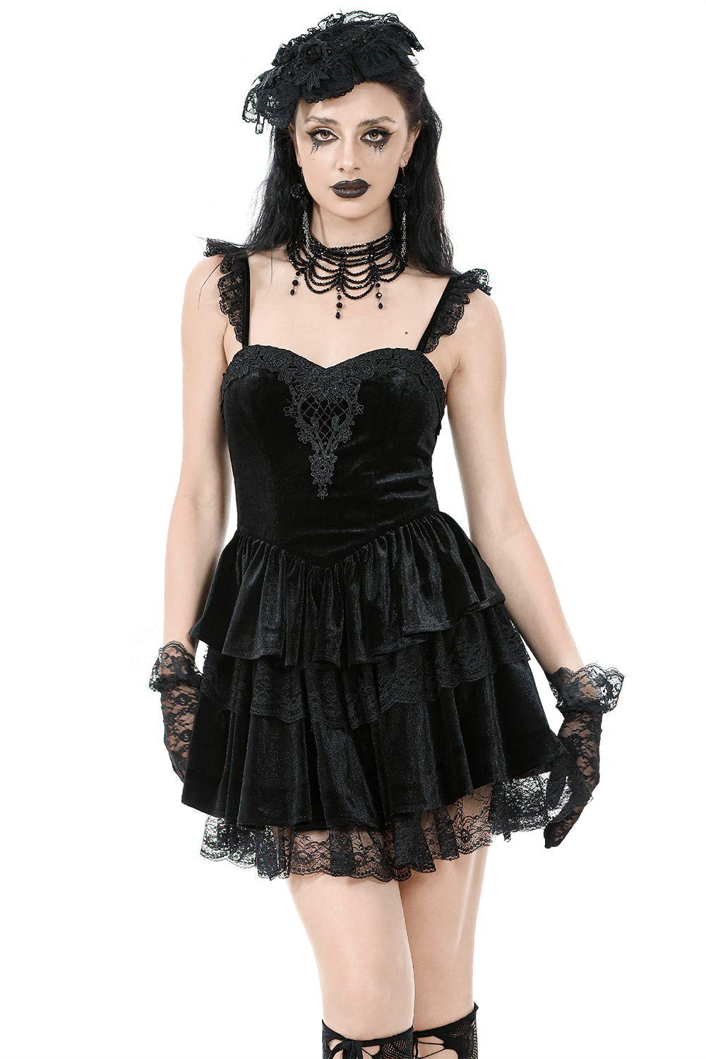 Gothic black velvet mini dress with lace trim, tiered ruffles, corset design, and romantic Victorian accents.