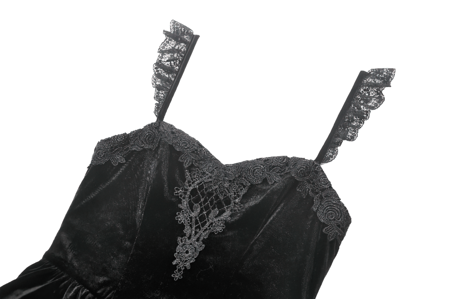 Elegant black velvet dress featuring lace straps and intricate embroidery details for a Gothic Victorian look.