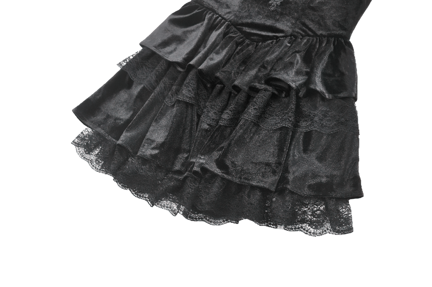 Gothic black velvet mini dress with tiered ruffles and lace trim for a Victorian look.