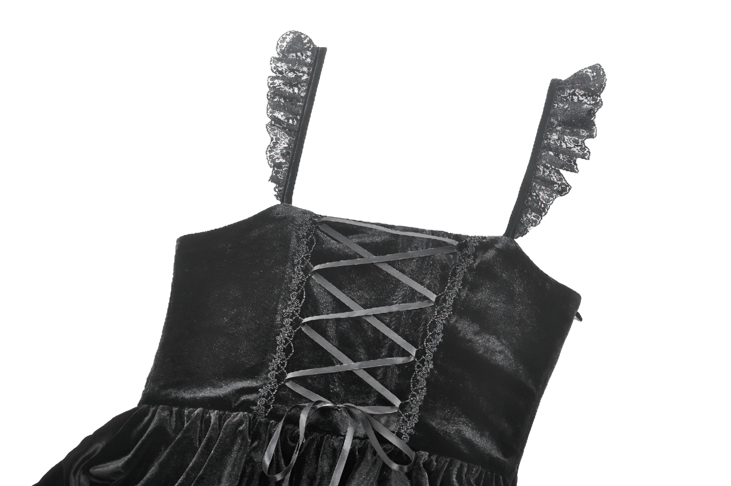 Gothic black velvet mini dress featuring lace straps, ruffles, and corset-style lace-up detail.