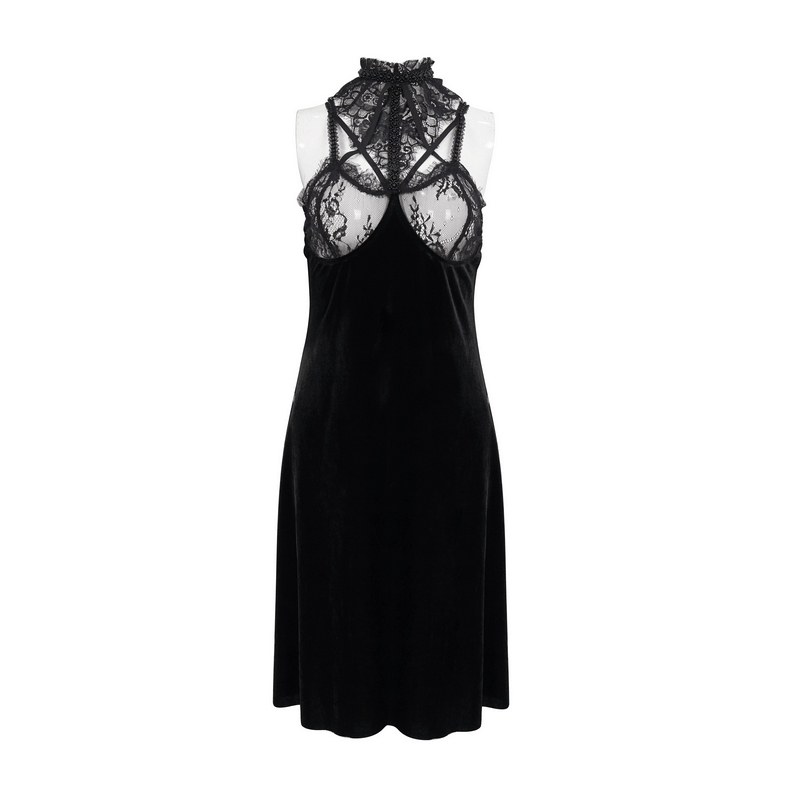 Black velvet lace dress with high slit back and collar, perfect for a gothic style wardrobe.