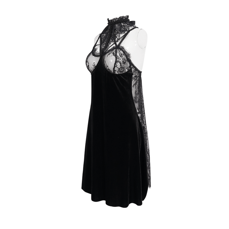 Sexy Velvet Lace Transparent High Slit Dress / Gothic Sleeveless Short Dress with Lace Collar - HARD'N'HEAVY