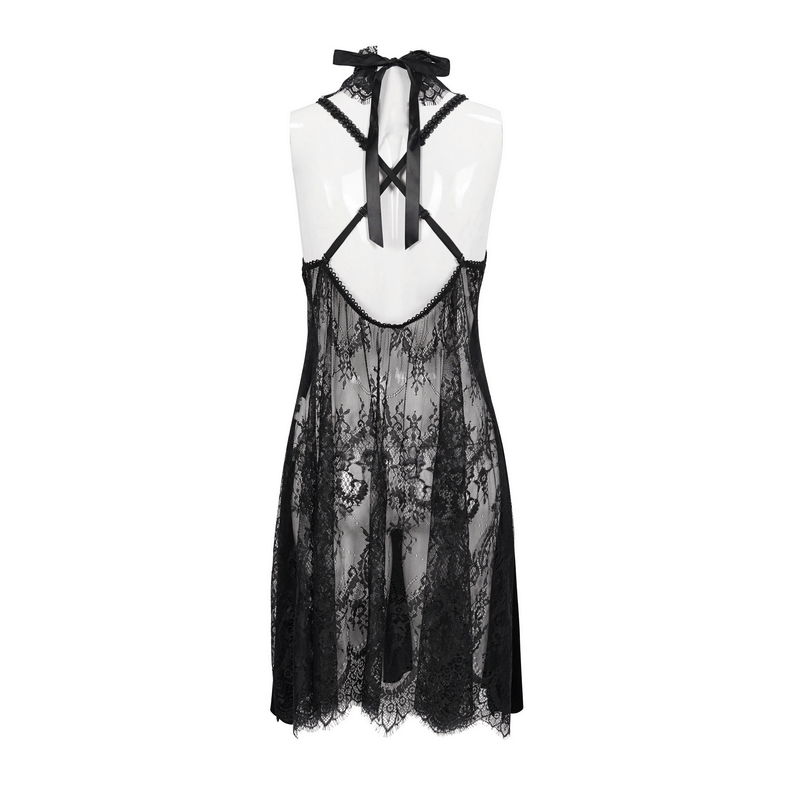 Back view of a sexy black velvet lace dress with intricate lace design and a stylish bow tie, perfect for gothic fashion lovers.
