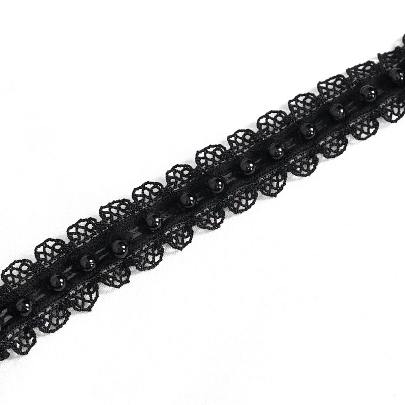 Elegant black lace trim with beads, perfect for adding a gothic touch to dresses and accessories.