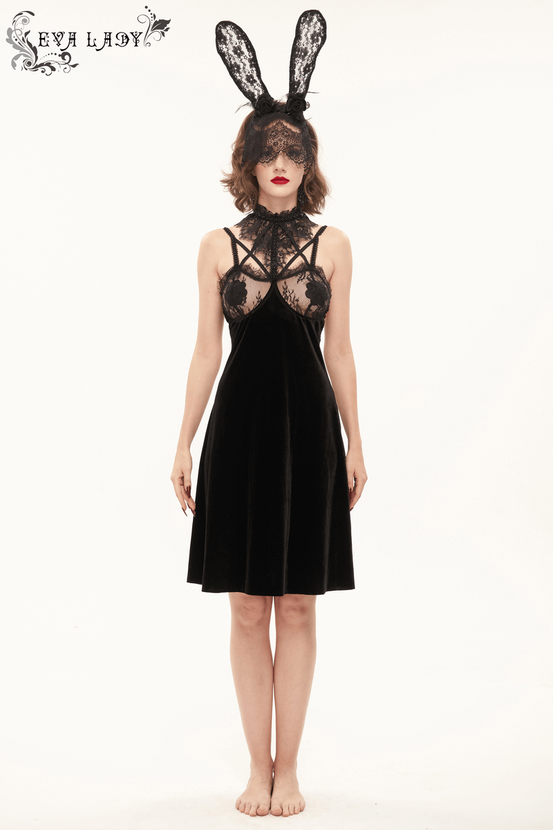 Model wearing a sexy black velvet lace dress with bunny ears and lace details, ideal for gothic fashion enthusiasts.