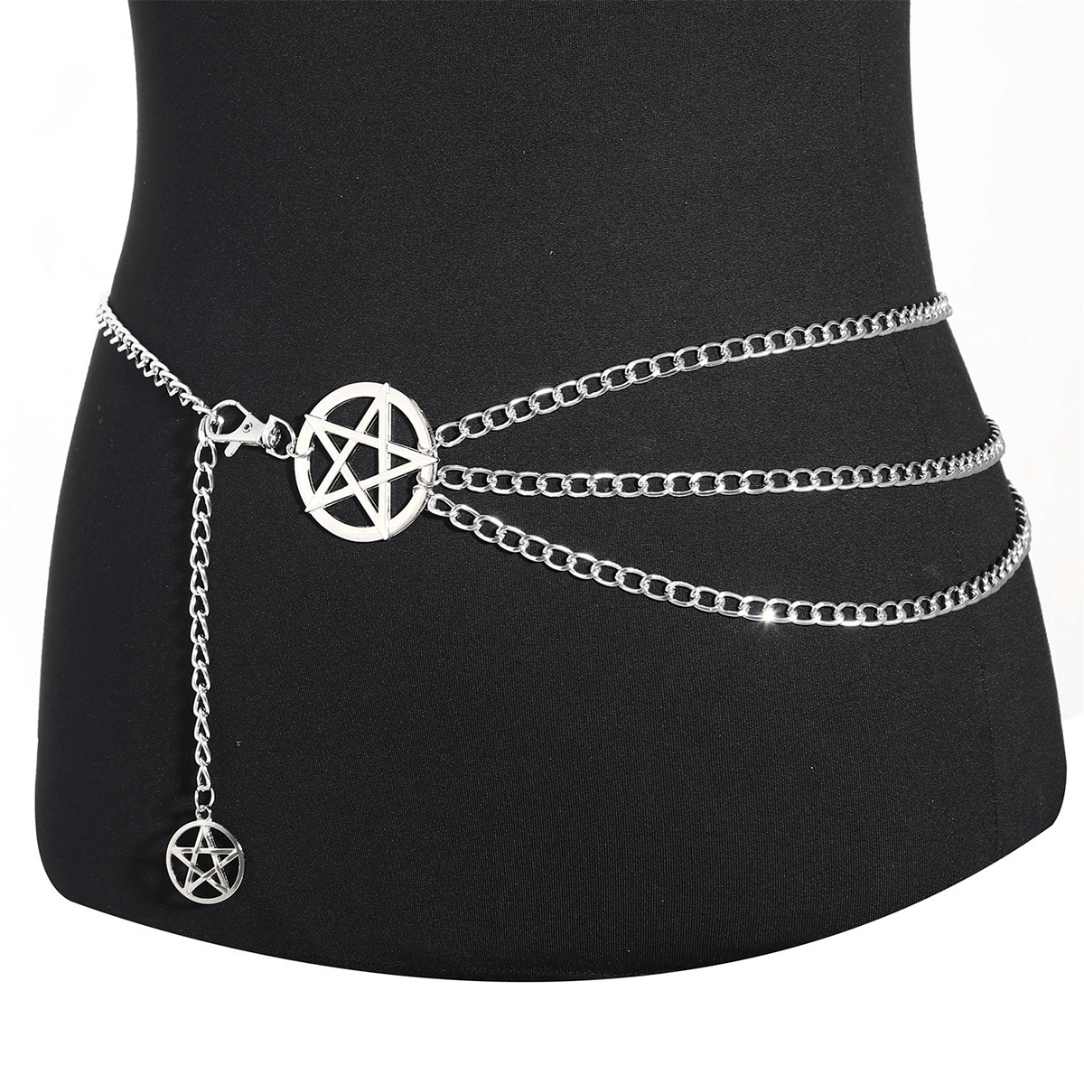 Gothic women’s waist metal chain belt featuring pentagram design, perfect for sexy and grunge style outfits.