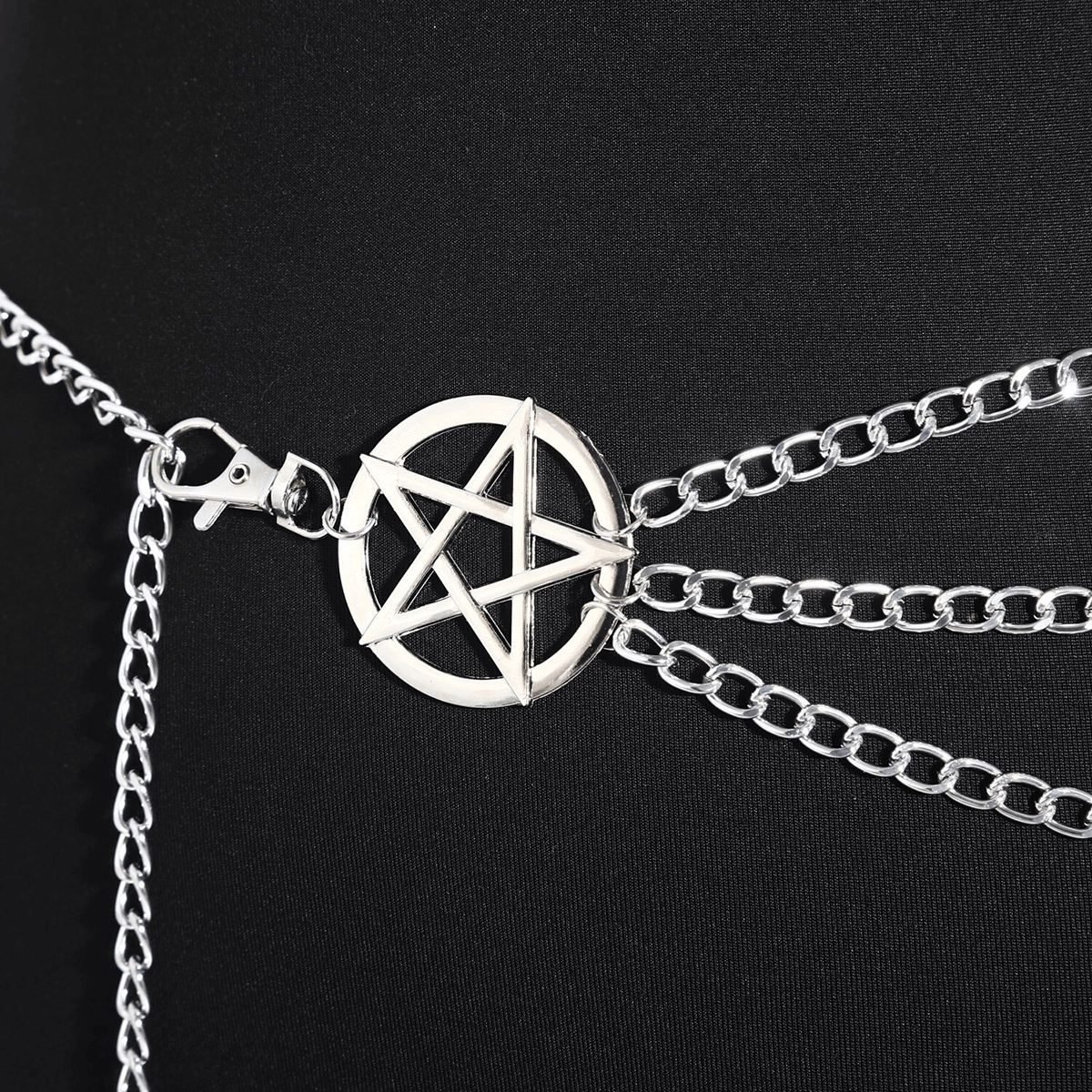 Gothic women waist metal chain belt with pentagrams, perfect for grunge style and trendy outfits.