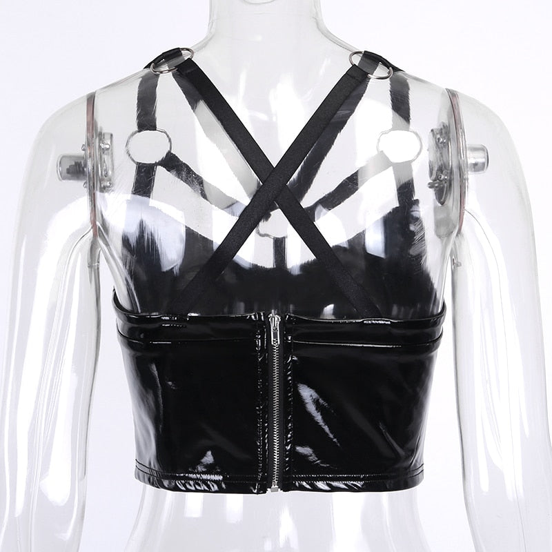 Back view of Gothic hollow out black leather tank top with crisscross straps, perfect for Halloween parties and cosplay.