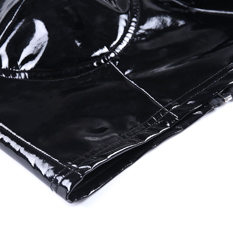 Close-up of black PU leather fabric showcasing glossy finish, perfect for gothic women tank tops or Halloween outfits.