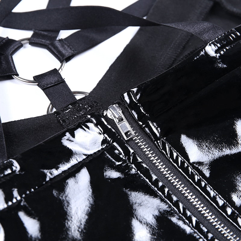 Close-up of black PU leather gothic top showing back detail, straps, and zipper, perfect for Halloween or cosplay.