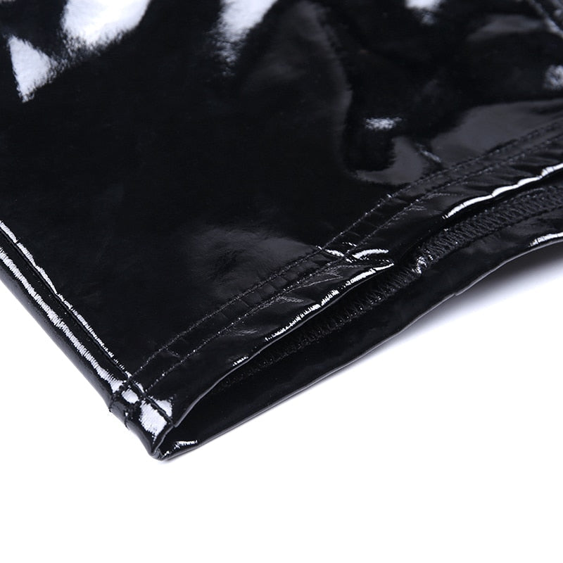 Close-up of the shiny black PU leather fabric showcasing the sleek finish and elegant stitching for a Gothic style tank top.