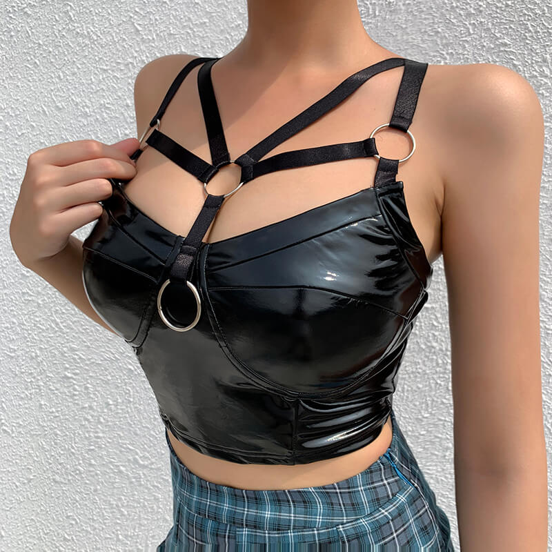 Gothic black hollow out tank top with straps and rings, perfect for cosplay or Halloween parties.