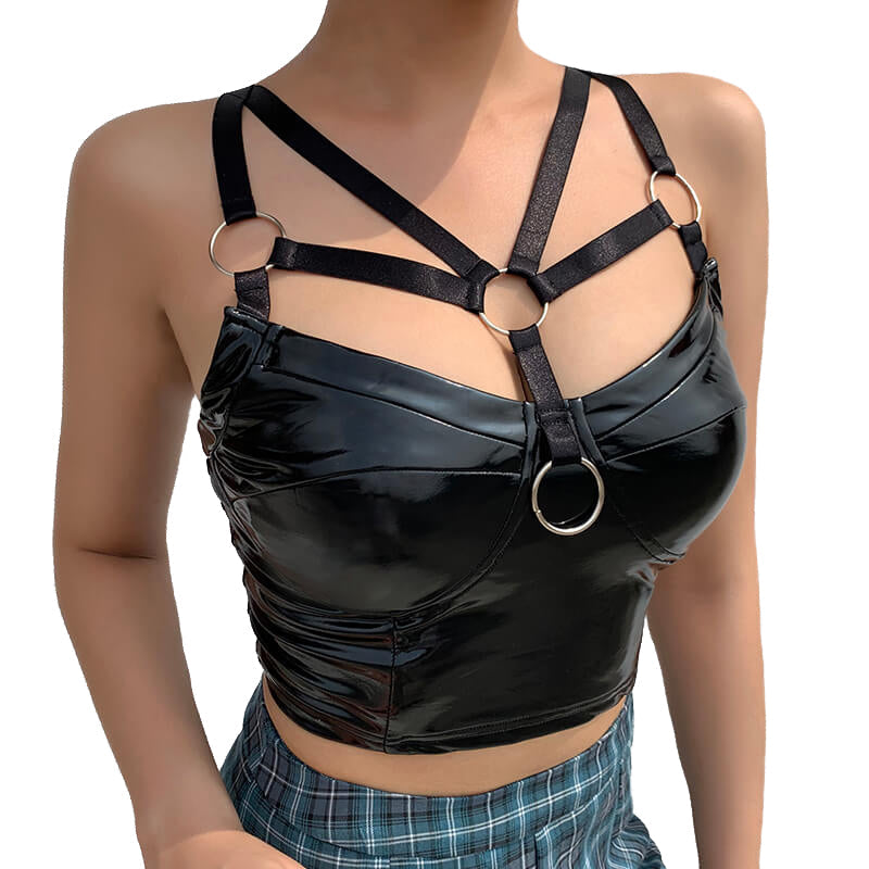 Gothic black leather hollow out top with stylish straps for a bold Halloween or cosplay look.