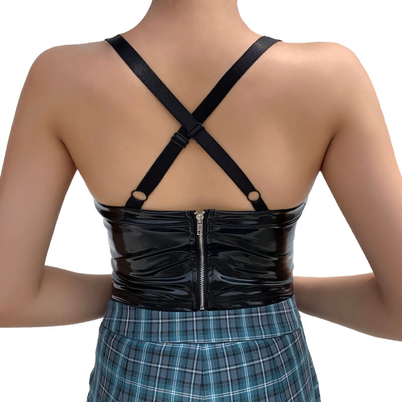 Back view of a gothic black leather tank top with straps, perfect for Halloween parties or cosplay.