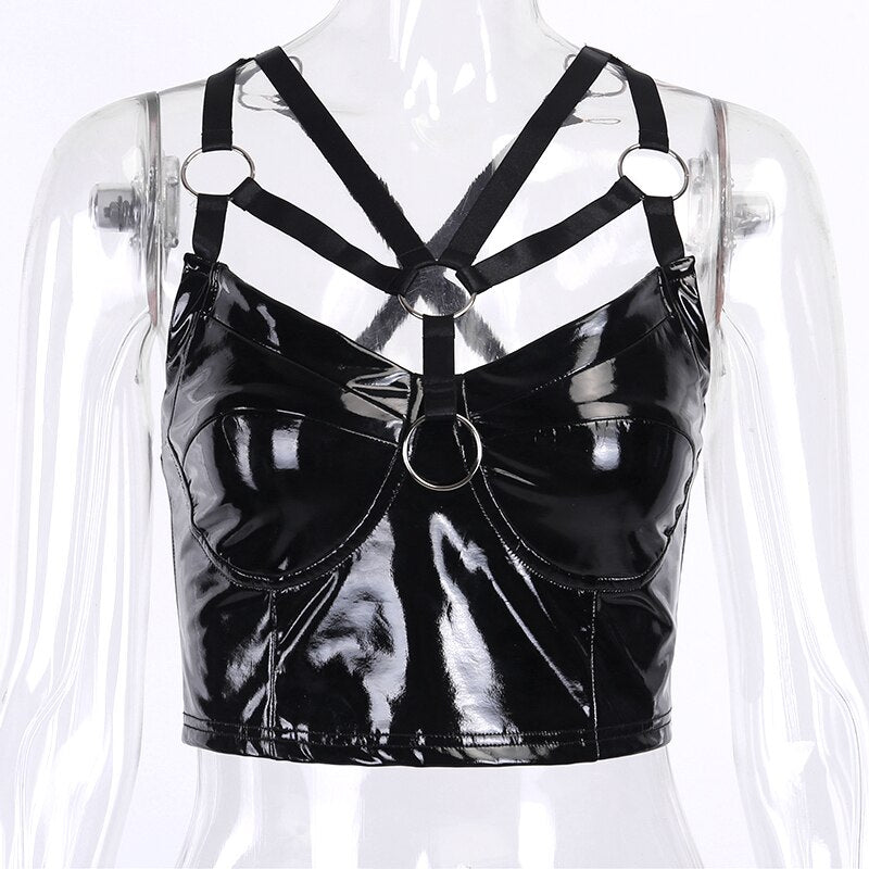 Gothic black leather backless tank top with stylish straps, perfect for Halloween and cosplay outfits.