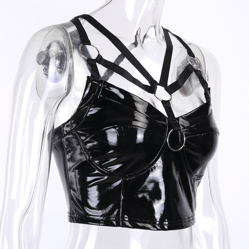 Gothic black PU leather hollow out top with stylish straps for a bold, edgy look perfect for Halloween or cosplay.