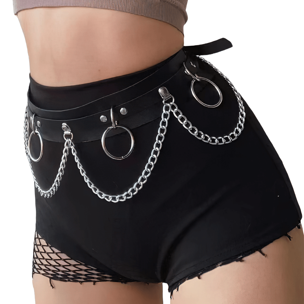 Sexy women's belt with rings and chains, perfect for alternative fashion lovers seeking bold statement accessories.