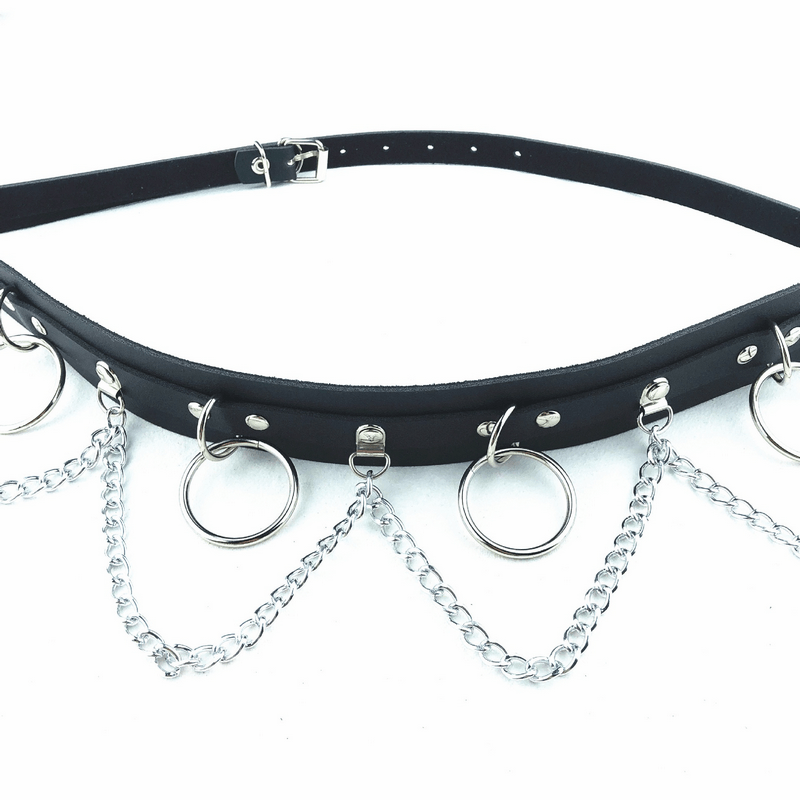 Sexy women's belt with rings and chains, alternative fashion accessory for bold style statements.