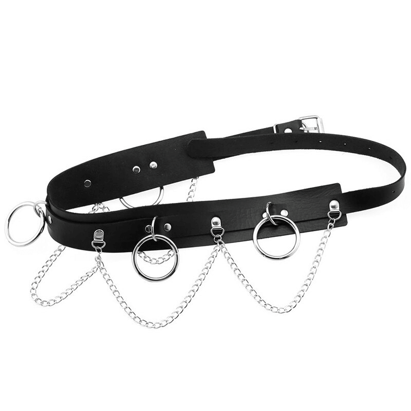 Edgy women's belt with rings and chains, perfect for alternative fashion and bold style statements.