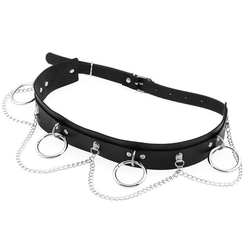 Edgy women's belt with rings and chains, perfect for alternative fashion and bold style statements.