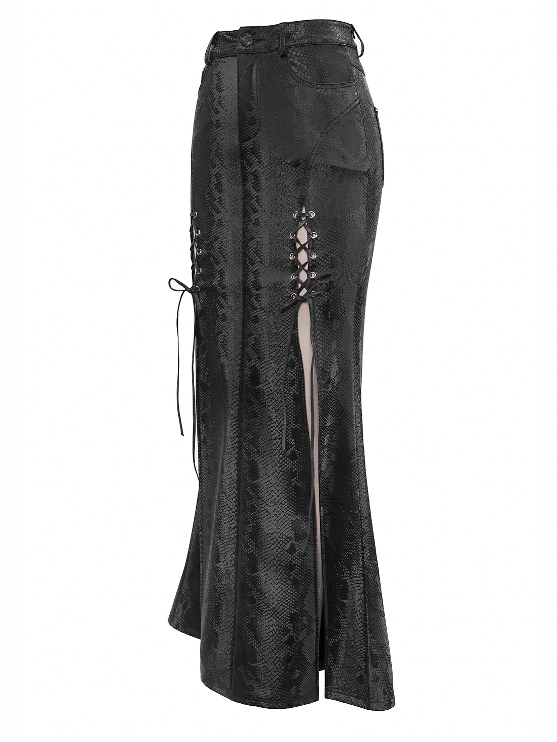 Stylish women's black long skirt with lace-up details and high slit, perfect for gothic fashion or punk outfits.