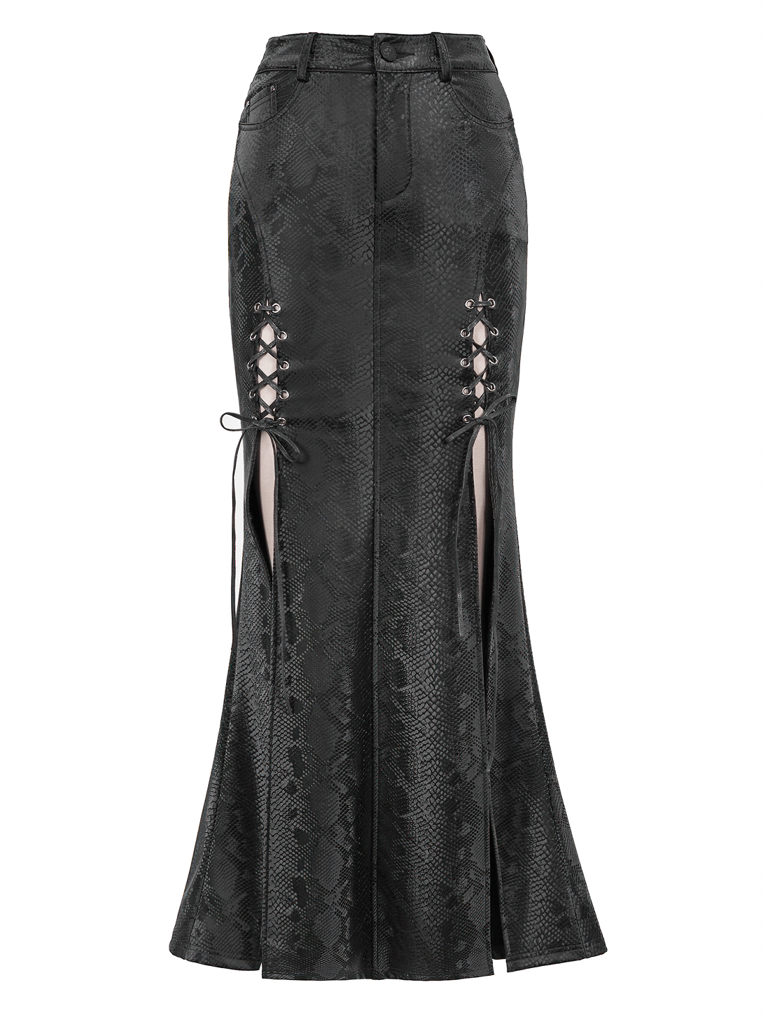 Gothic women's black long skirt with lace-up details and high slit, perfect for punk fashion lovers.
