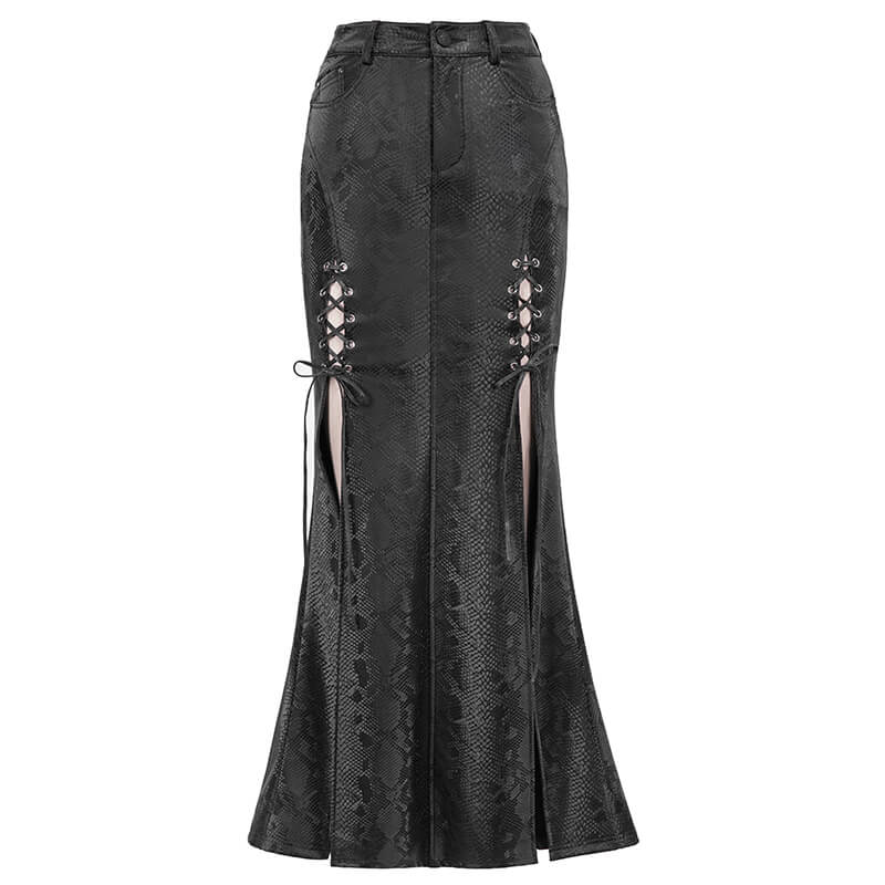 Sexy Women's Black Long Skirt with lace-up / Gothic Punk High Slit Synthetic Leather Skirts - HARD'N'HEAVY