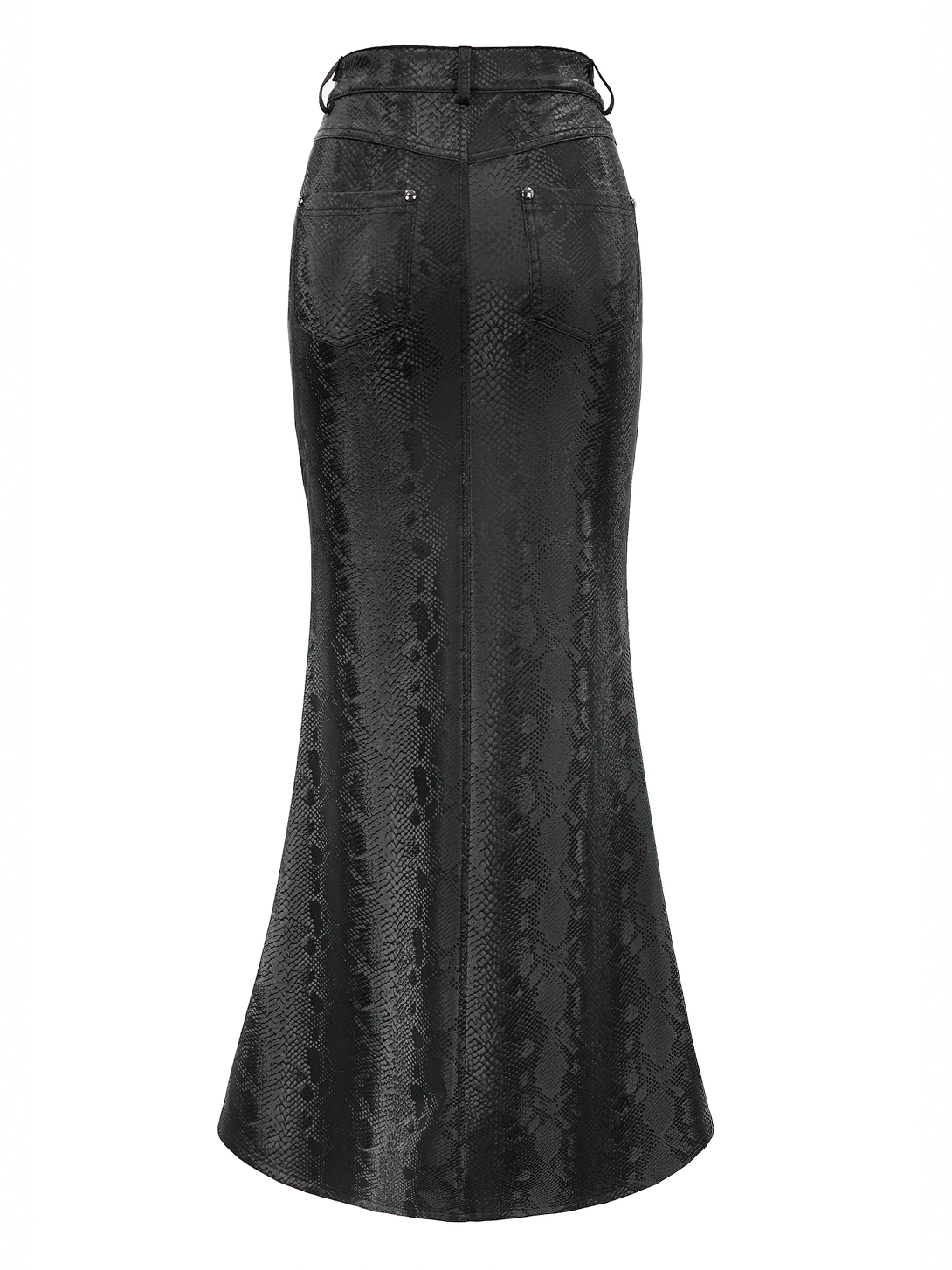 Elegant black long skirt featuring a stylish snake print and high slit for a gothic punk look.
