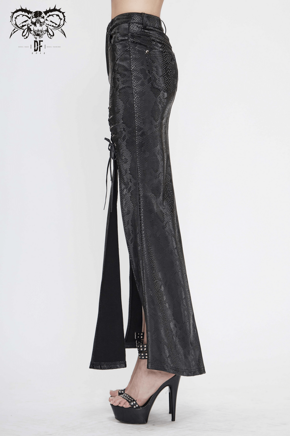 Gothic women's black long skirt with lace-up side, high slit, and stylish cut, perfect for edgy fashion statements.