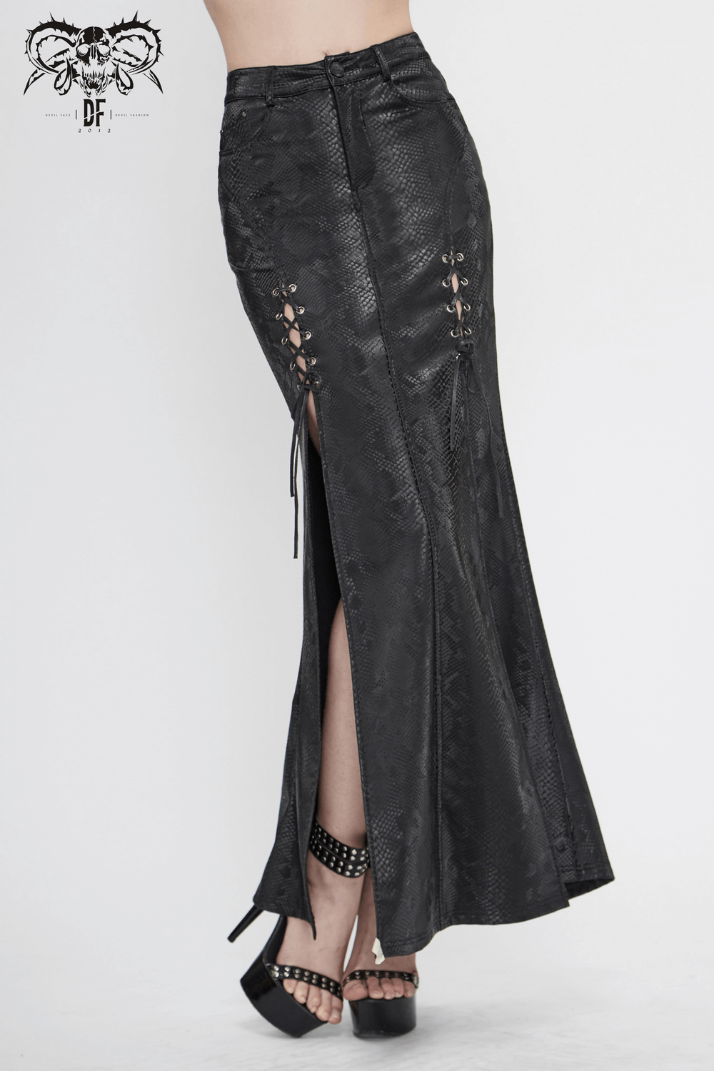 Sexy Women's Black Long Skirt with lace-up / Gothic Punk High Slit Synthetic Leather Skirts - HARD'N'HEAVY