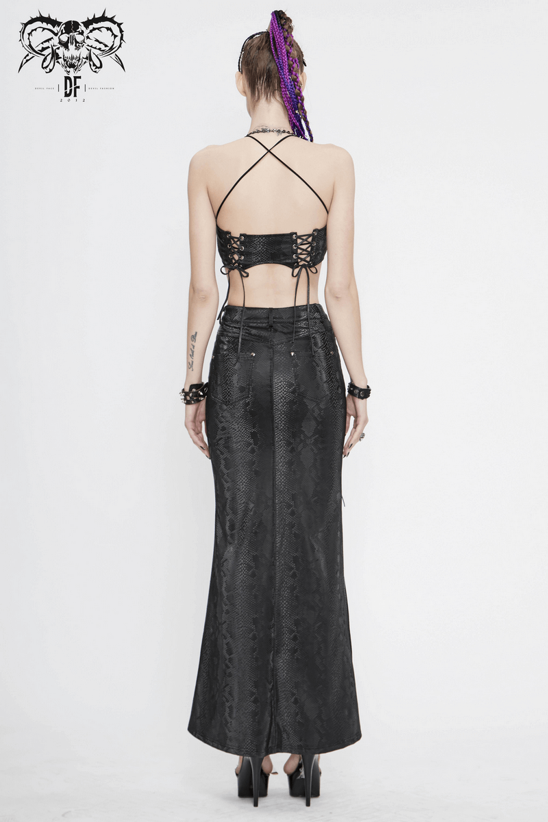 Gothic women's black long skirt with lace-up details and high slit, showcasing a chic back view.
