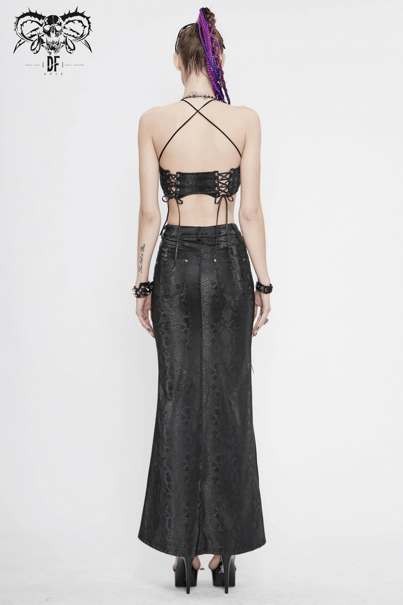 Sexy Women's Black Long Skirt with lace-up / Gothic Punk High Slit Synthetic Leather Skirts - HARD'N'HEAVY
