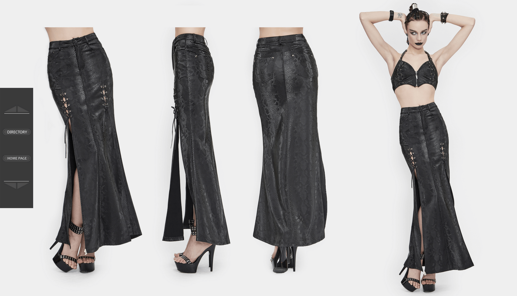 Black long gothic skirt with high slit and lace-up details, perfect for punk fashion lovers.