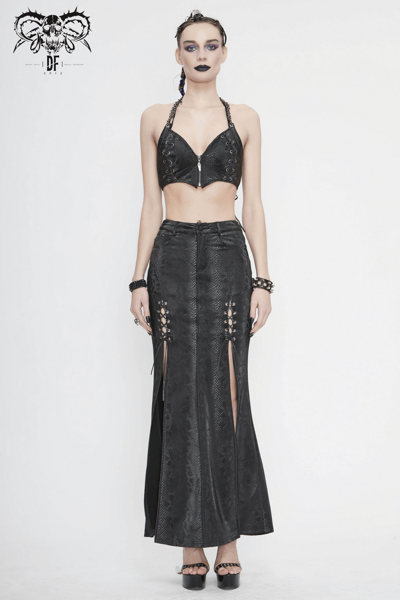 Gothic women's black long skirt with lace-up details and high slits, paired with a stylish matching top.