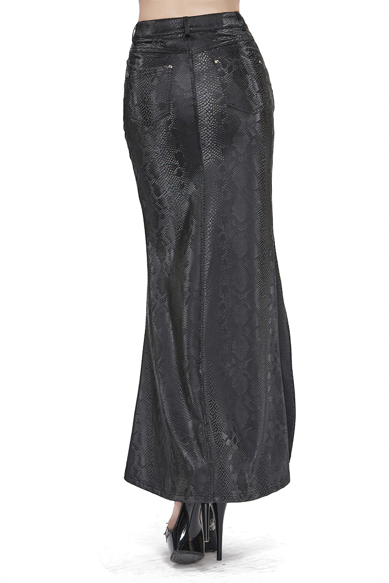 Gothic women's black long skirt with lace-up detail and high slit, showcasing synthetic leather and stylish snake print.