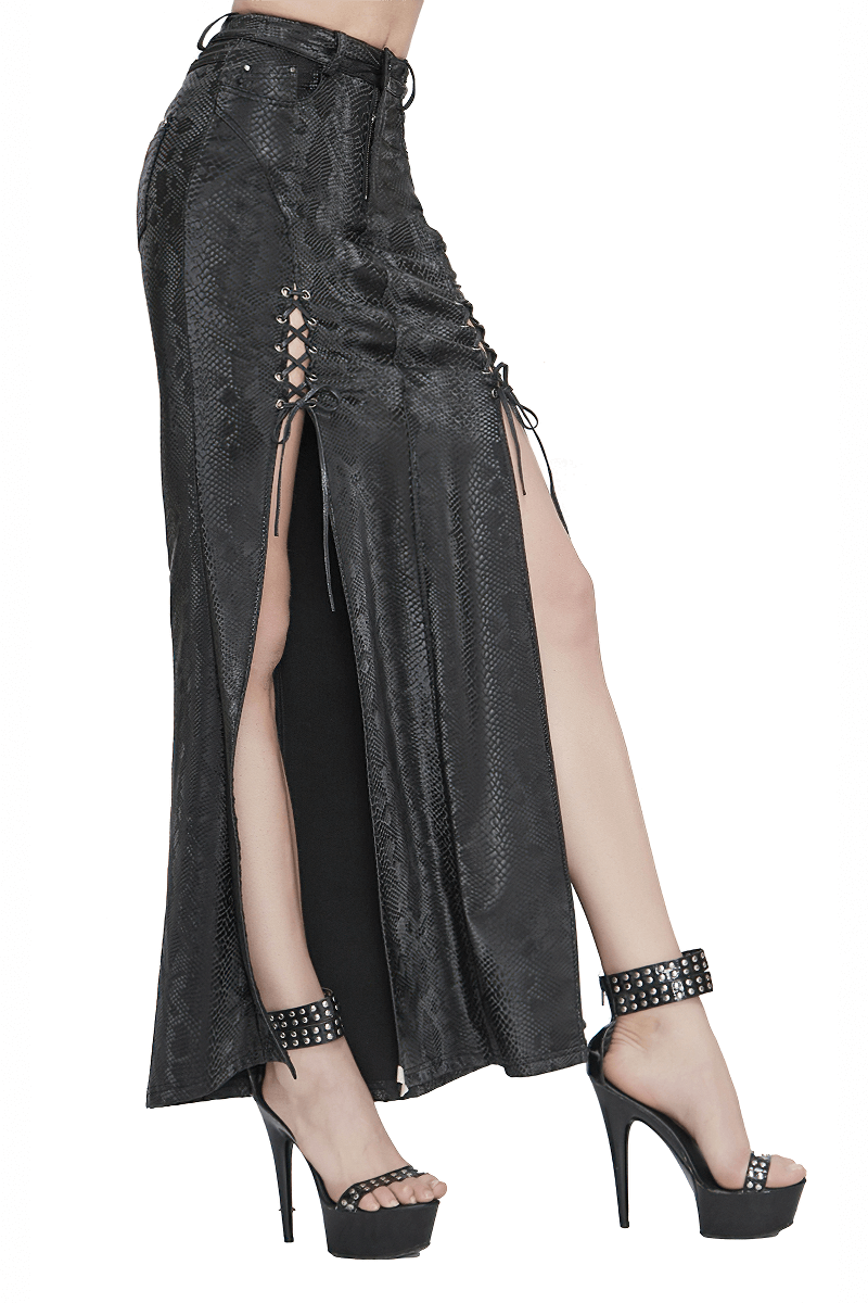 Sexy Women's Black Long Skirt with lace-up / Gothic Punk High Slit Synthetic Leather Skirts - HARD'N'HEAVY