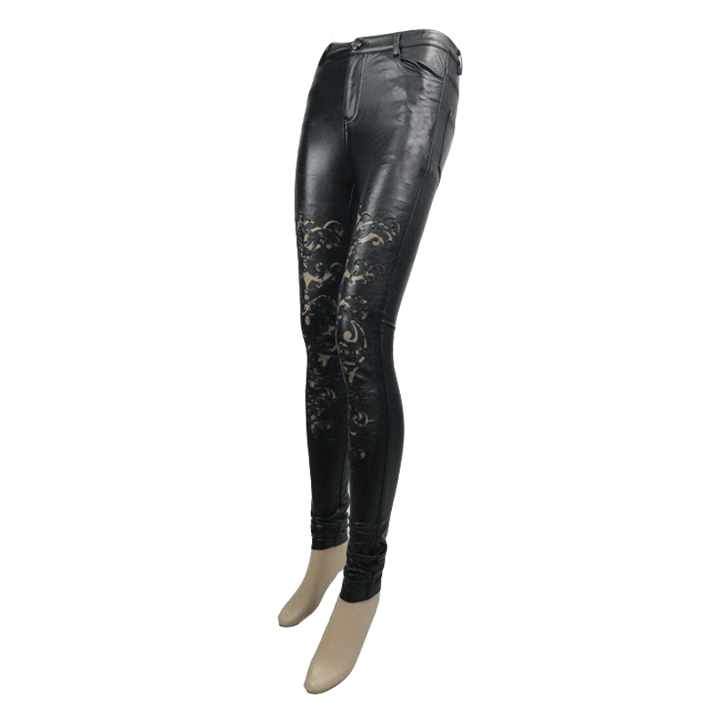 Black faux leather skinny pants with vintage print, perfect for a gothic trendy look, highlighting the feminine silhouette.