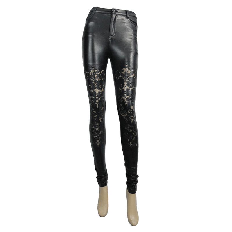 Gothic sexy women's black faux leather skinny pants with hollow-out lace design, perfect for a fashionable look.