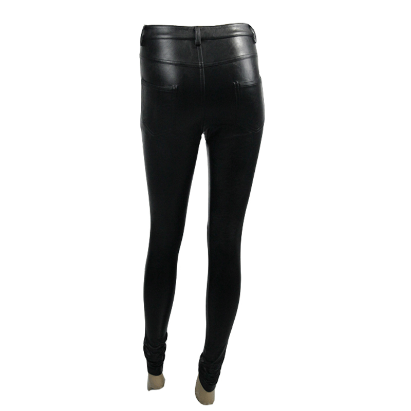 Back view of stylish women's black faux leather skinny pants with a form-fitting design for a trendy gothic look.