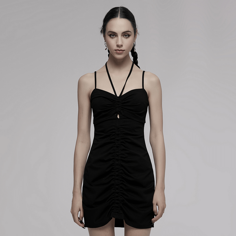 Model in a sexy black halter neck drawstring bodycon mini dress, showcasing gothic style and elegant curves.