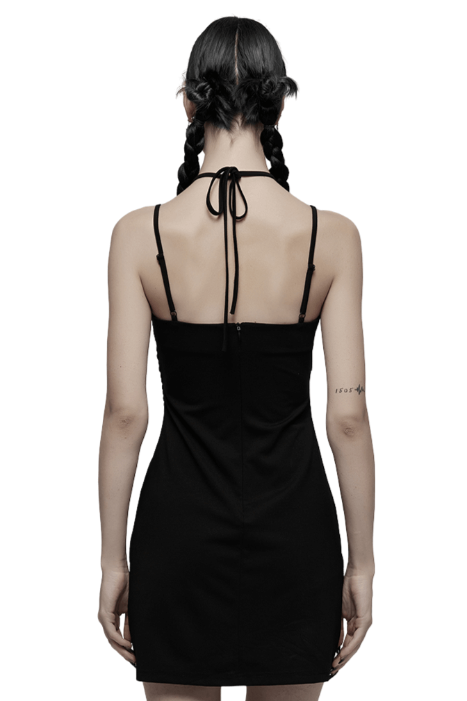Back view of a sexy black halter neck drawstring mini dress showcasing a bodycon style and adjustable straps.