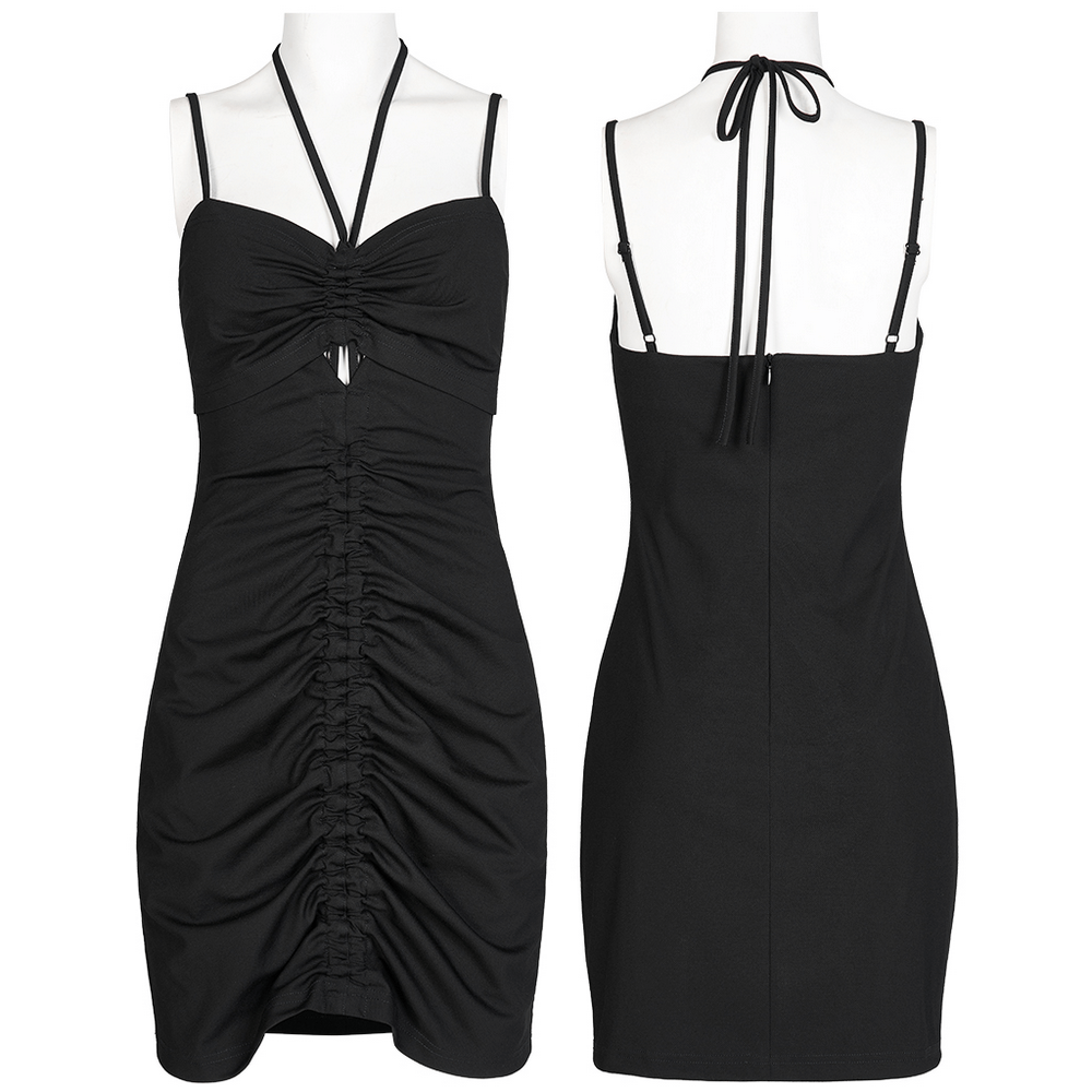 Stylish black halter neck drawstring bodycon mini dress showcasing a sexy and elegant silhouette.