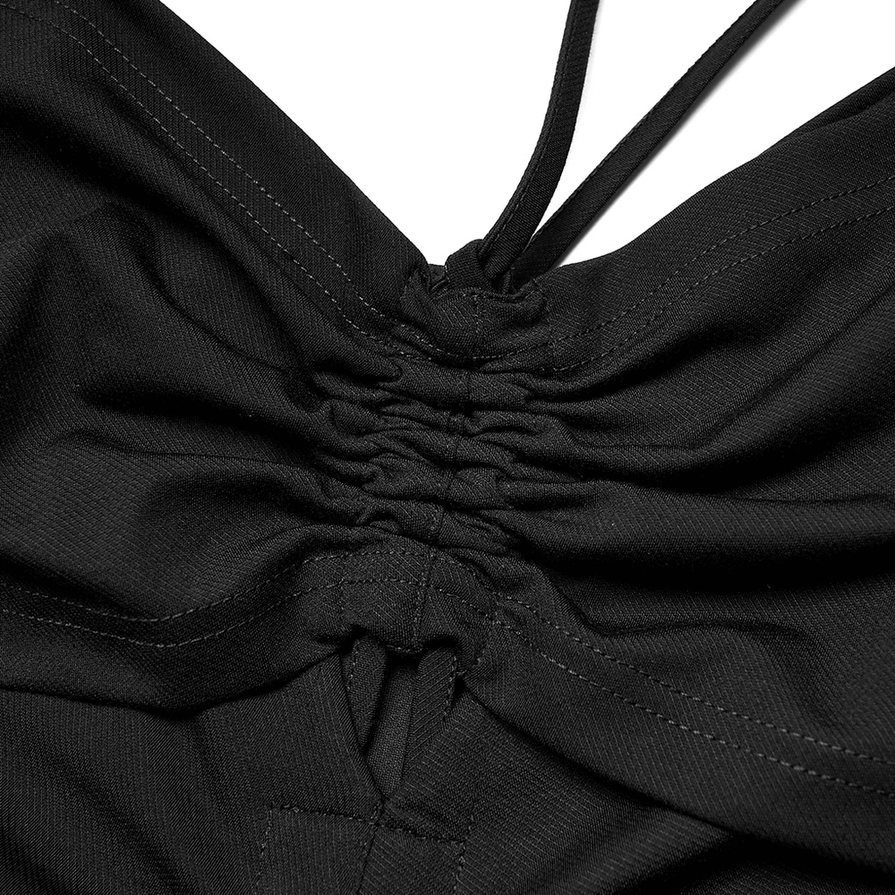 Close-up of the adjustable drawstring detail on a black bodycon mini dress, showcasing gothic style and versatility.