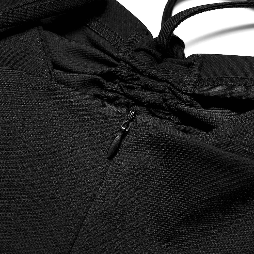Close-up of adjustable drawcord detail on a black sexy halter neck bodycon mini dress.